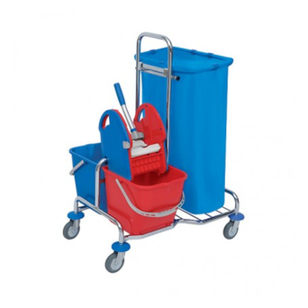 Cleaning trolley: 2 buckets, mop wringer, waste bag without a basket Roll Mop Splast chrome-plated.