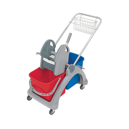 Wózek do sprzątania dwuwiadrowy 2 x 25 l z prasą do wyciskania i koszykiem czerwono-niebieski Splast