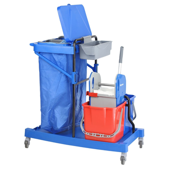 Cleaning trolley: 2 buckets of 18 liters, mop wringer, handle with lid for 120 liter bag, accessory basket, plastic frame.
