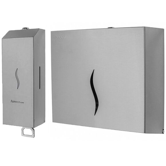 Wykonane ze stali nierdzewnej dyspensery mydła i papierowych ręczników w składce przeznaczone do ogólnodostępnych łazienek