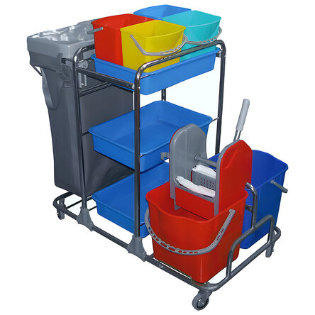 Cleaning cart: 2 buckets of 25l, 4 buckets of 6l, mop wringer, holder for 120l bag, three litter boxes, metal frame.