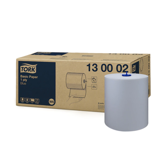 Blue single-layer paper cleaning roll for sealed W6 Tork dispenser, made of waste paper.