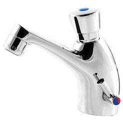 Self-closing washbasin mixer with side regulation