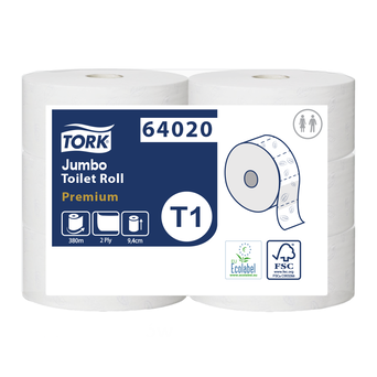 Jumbo Tork toilet paper, 6 rolls, 2-ply, 380m, white recycled paper.