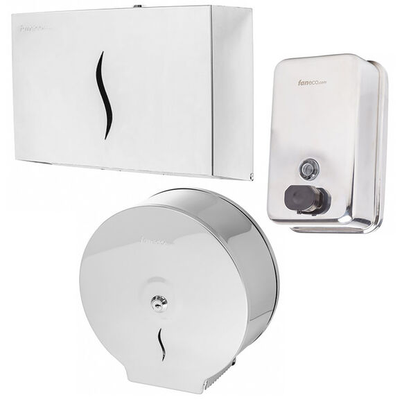 Zestaw metalowych, zamykanych akcesoriów i dozowników do ogólnodostępnej łazienki