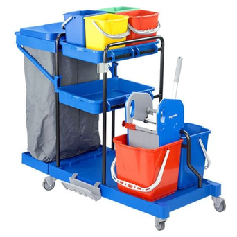 Cleaning cart: 2 buckets of 18 liters, 4 buckets of 6 liters, mop wringer, handle with lid for 120 liter bag, plastic frame.