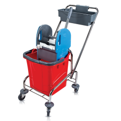 Cleaning trolley: 18l bucket, mop wringer, basket, metal frame.