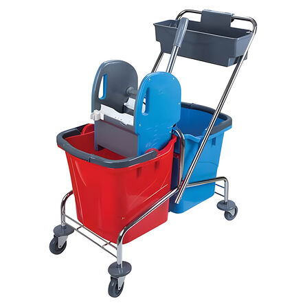 Úklidový vozík: 2 kbelíky 18l, vytlačovač na mop, košík na příslušenství, kovový rámování