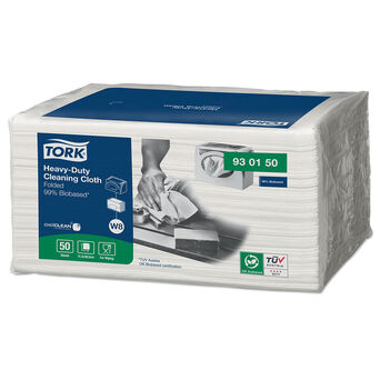 Tork multi-purpose folded non-woven cleaning cloths for tough dirt, 50 pieces, white.