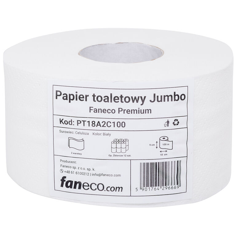 Toilet paper JUMBO Faneco Premium 12 pcs. 2 layers 100 m length 18 cm diameter white cellulose