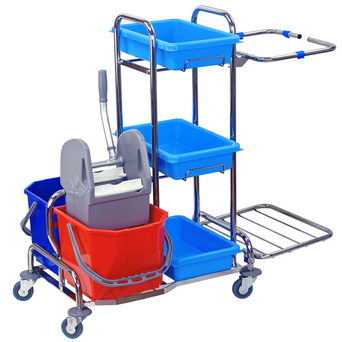 Cleaning cart: 2 x 15l bucket, mop wringer, 120l bag holder, three trays, metal frame.
