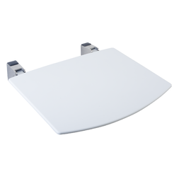 Shower seat with a white polypropylene platform that can be tilted.