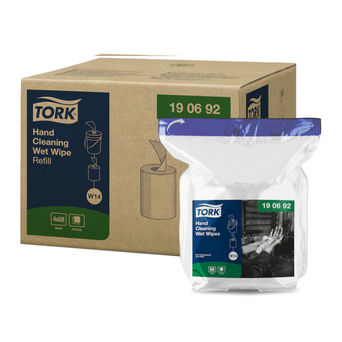Tork 15.7m white fiber cloth soaked for tough hand stains.