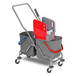Cleaning cart: 2 buckets of 25 liters, mop wringer, metal frame.