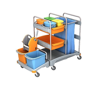 Double-bucket cleaning trolley with 2 x 20 l capacity, wringer, 2 shelves, 4 buckets with lids, 120 l Splast waste bag.