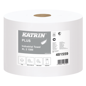 Industrial fibrous cloth in a roll Katrin Plus Industrial Towel XL2 2 pcs. 570 m 2 layers of white cellulose.