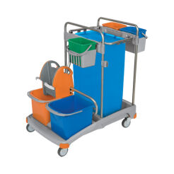 Zweieimer-Reinigungswagen 2 x 20 l, 3 x 6 l Eimer, Auspressvorrichtung, 120 l Splast-Tasche