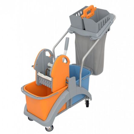 Double-bucket cleaning trolley with mop wringer, basket, covered bag, and cover Splast.