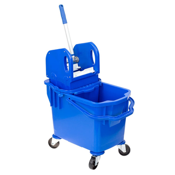 A 25-liter bucket on wheels with a mop wringer.