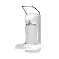 Dispensador para productos de limpieza, desinfección y cuidado con bandeja Sanitario 500 ml, material ABS blanco