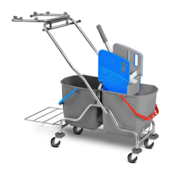 Cleaning trolley: 2 buckets of 25 liters, mop wringer, bag holder, metal frame.