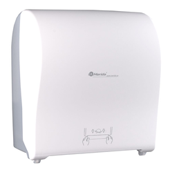 Automatic dispenser for Maxi Merida paper towels in a white plastic roll.