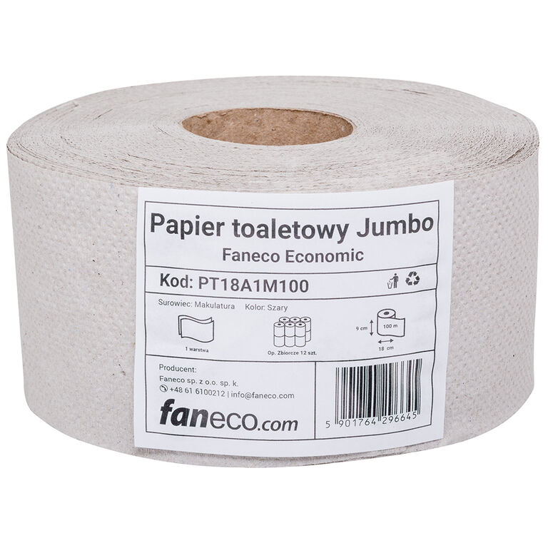 Papier toaletowy Faneco JUMBO Economic 12 rolek 1 warstwa 100 m średnica 18 cm szary makulatura