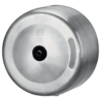 Der Toilettenpapierbehälter mit Tork SmartOne-Rolle aus silbernem Edelstahl