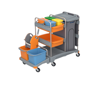 Double-bucket cleaning trolley with 2 x 20 l capacity, wringer, 2 shelves, 4 buckets with lids, and a 120 l protective bag with a flap from Splast.