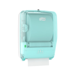 Držiak na priemyselné utierky v rolke uzavretý W6 Tork, bielo-turquoise ABS plast
