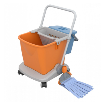 Double-bucket cleaning trolley with 25L and 6L buckets, equipped with a press for squeezing and a handle, made by Splast.