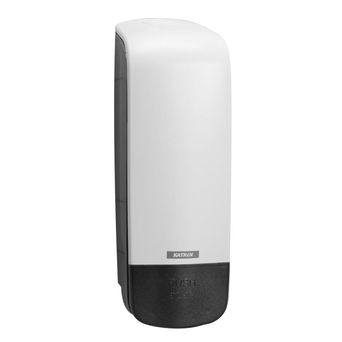 Katrin INCLUSIVE 1 liter plastic wall-mounted soap dispenser in white and black for refills.