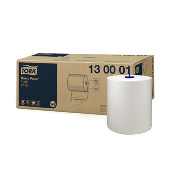 White single-ply paper roll for sealed dispenser W6 Tork, made of recycled paper.