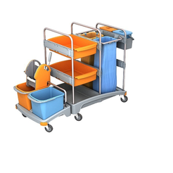 Reinigungswagen mit zwei Eimern 2 × 20 Liter, 2 Eimer 6 Liter, Presse, 2 Regale 2 Taschen 70 Liter Splast