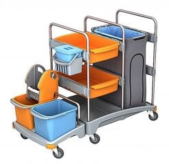 Reinigungswagen mit zwei Eimern 2 × 20 Liter, Presse, 2 Regale, 1 Eimer mit Deckel, 120 Liter Schutzsack Splast