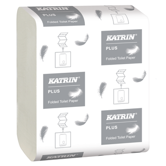 Toilet paper in the Katrin Plus Bulk Pack Handy Pack fold, 2 layers, 8400 sheets, super white.