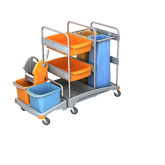 Double-bucket cleaning trolley with 2 x 20 l capacity, wringer, 2 shelves, 2 bags 70 l Splast.