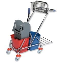 Reinigungswagen mit zwei Eimern 2 × 17 Liter mit Presse, Zubehörkorb und Müllsackhalter