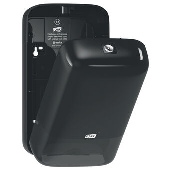 Schwarzer Kunststoff-Toilettenpapierbehälter im Tork-Faltdesign