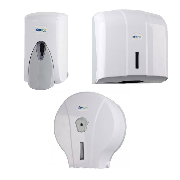 Public restroom accessories set: toilet paper dispenser, paper hand towel dispenser and liquid soap dispenser Faneco POP plastic white