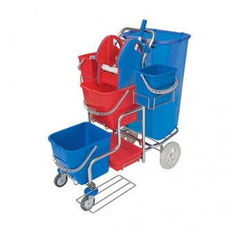 Cleaning trolley: 4 buckets, mop wringer, waste bag, 2 chrome-plated Roll Mop Splast baskets.