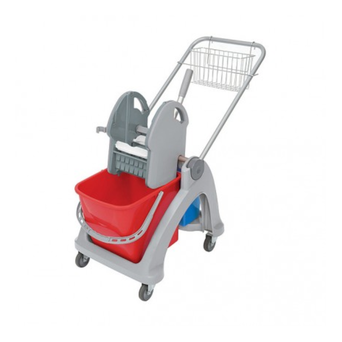 Double-bucket cleaning trolley with 25L and 6L capacity, equipped with a press for squeezing and a red-blue basket, made by Splast.