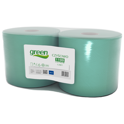 Industrial centrally dispensed paper wipes on a Lamix Green roll, 2 pieces, 1 layer, 250m, green waste paper.