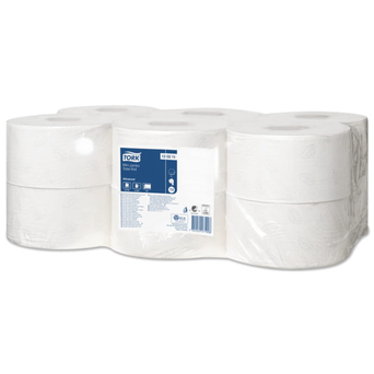 Tork Mini Jumbo toilet paper, 2-ply, 170m, 12 rolls, 18.8cm diameter, white recycled paper.