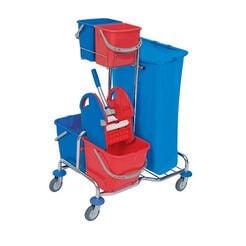 Reinigungswagen: 2 × Eimer 20 Liter 2 × Eimer 6 Liter Mop-Wringer, Müllsack Roll Mop Splast verchromt