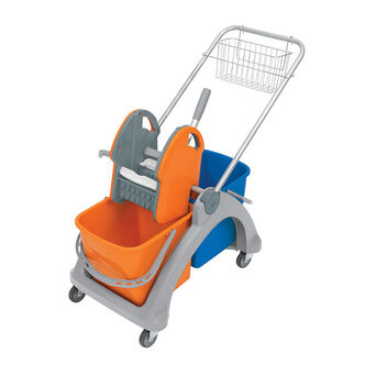 Cleaning trolley containing two buckets: high with the press to squeeze and basket