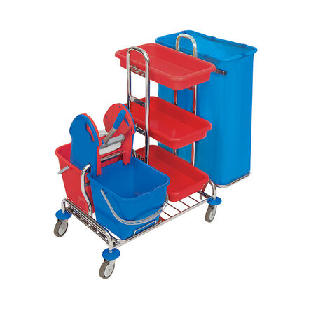 Wielofunkcyjny wózek sprzątający z dwoma wiadrami, wyciskarką szczękowa, trzema kuwetami i workiem na odpady.