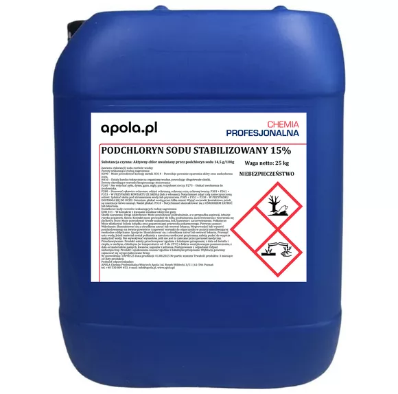 Podchloryn sodu stabilizowany (chlor w płynie) kanister 25 kg przód