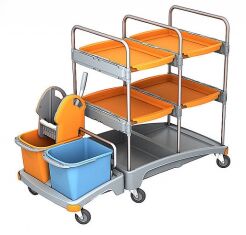 Zweieimer-Reinigungswagen 2 x 20 l, Auspressvorrichtung, 4 Splast-Regale