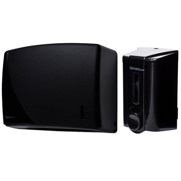 Przeznaczone do ogólnodostępnych łazienek eleganckie czarne dyspensery do mydła oraz papierowych ręczników w składce Faneco DARK